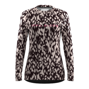 Trailbloom women’s MTB jersey in Monochrome Dash Print long sleeve design with pink chest logo