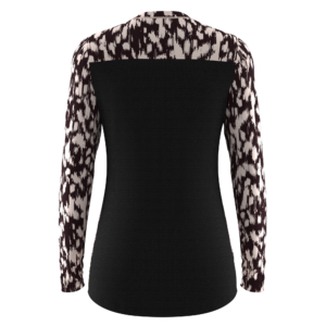 Back view of Trailbloom women’s Monochrome Dash Print long sleeve MTB jersey with breathable black mesh rear panel