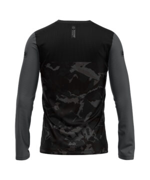 OiOi Dark Ops MTB jersey in black and grey with tonal camo pattern and long sleeves, featuring Ben Deakin collaboration design, front view on white background