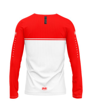 OiOi Redline MTB Jersey in red and white with long sleeves, featuring bold chest stripe and Ben Deakin collaboration design, front view on white backgroun
