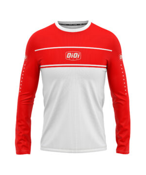 OiOi Redline MTB Jersey in red and white with long sleeves, featuring bold chest stripe and Ben Deakin collaboration design, front view on white background