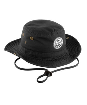 Black Winch & Plummet wide brim MTB adventure hat with adjustable chin strap, ventilation eyelets and printed logo, designed for mountain biking, hiking and outdoor adventures.