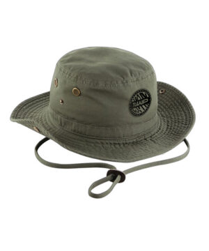 Green Winch & Plummet wide brim MTB adventure hat with adjustable chin strap, ventilation eyelets and printed logo, designed for mountain biking, hiking and outdoor adventures.