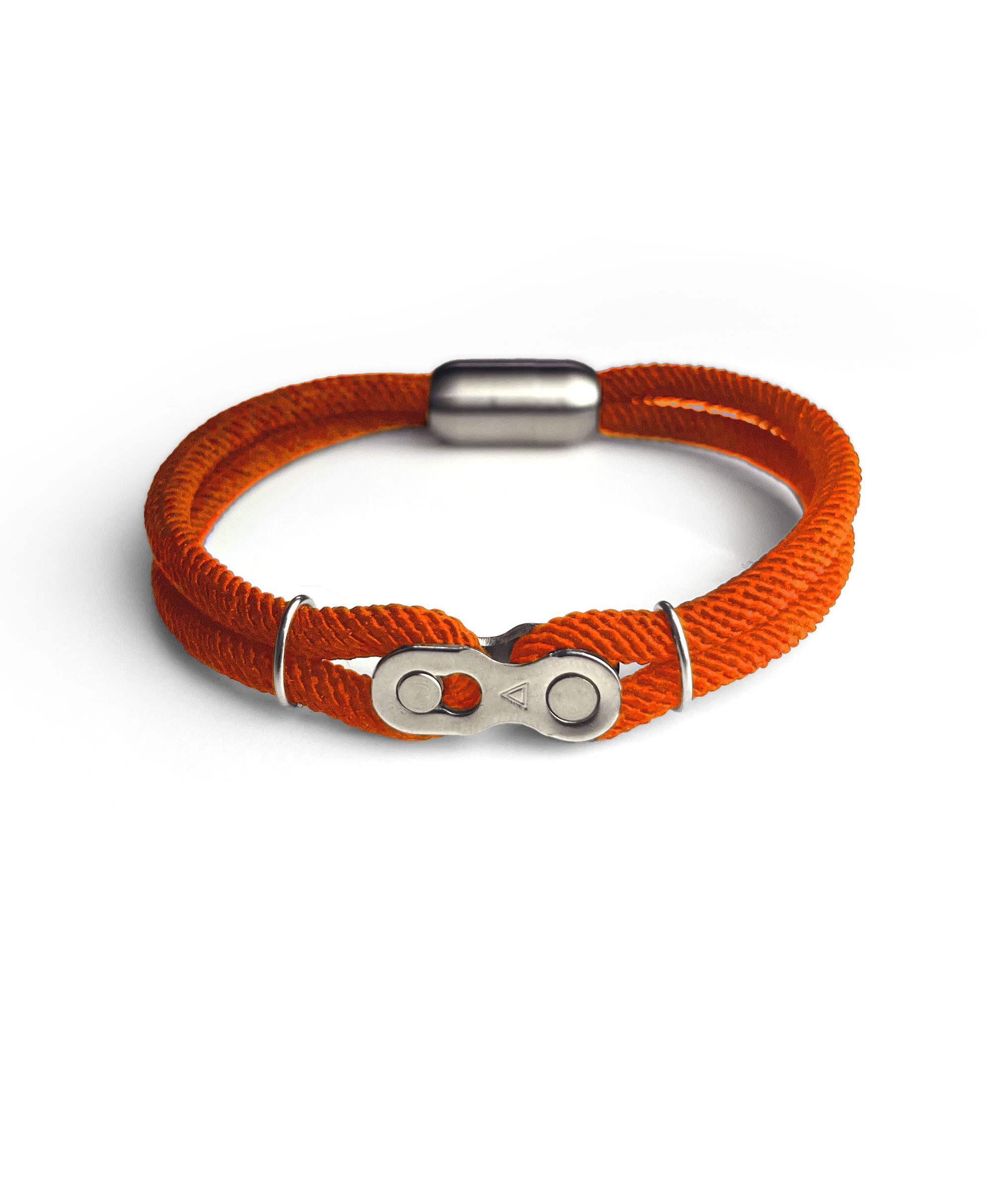 Orange Split Link Paracord Bracelet designed for mountain bikers, featuring a genuine removable chain quick link and braided paracord strap.