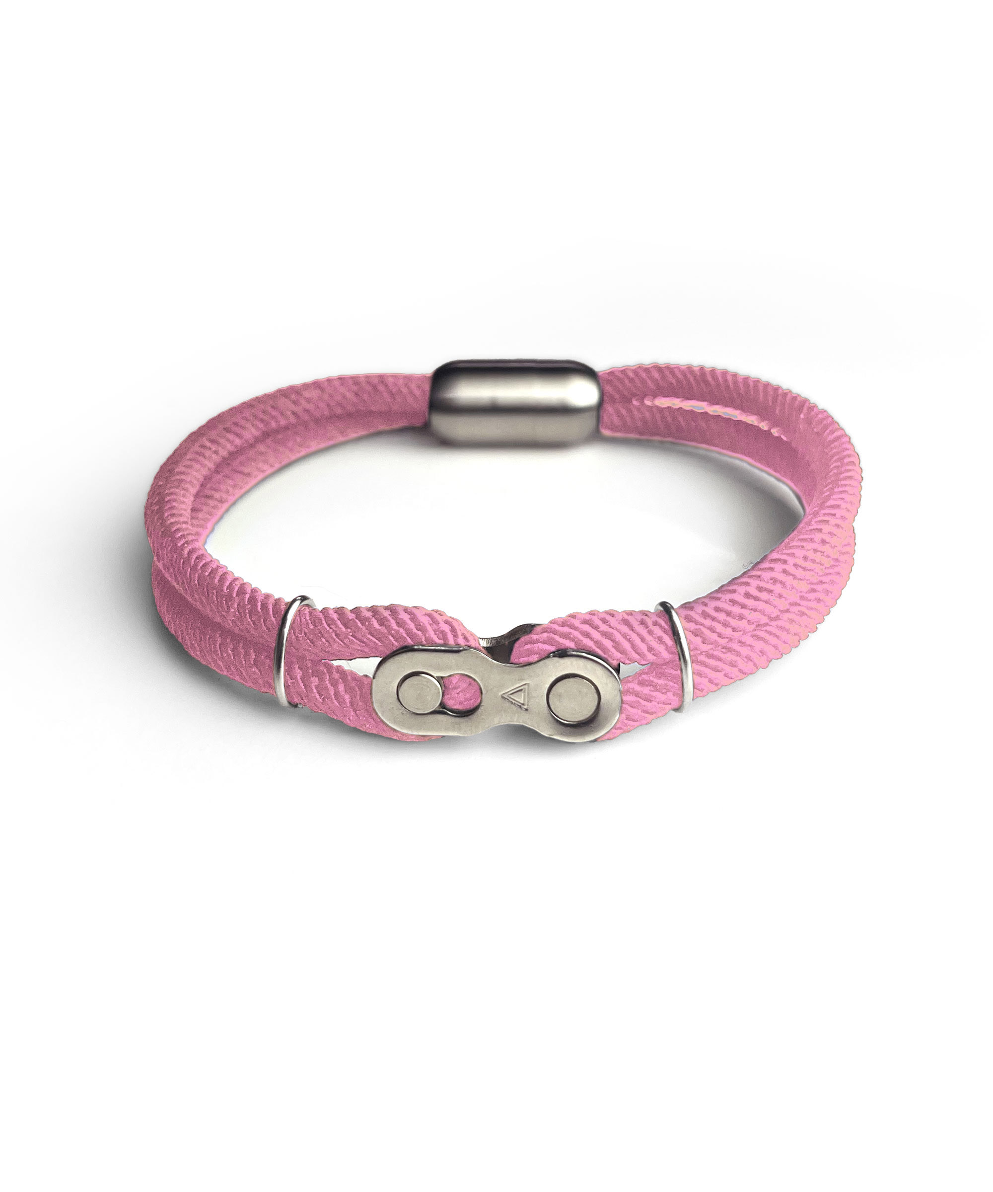 Pink Split Link Paracord Bracelet with functional bicycle chain quick link, braided paracord construction and secure magnetic fastening.