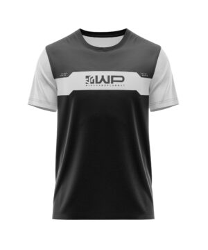 Performance mountain biking jersey featuring grey, white, and black panels with short sleeves.