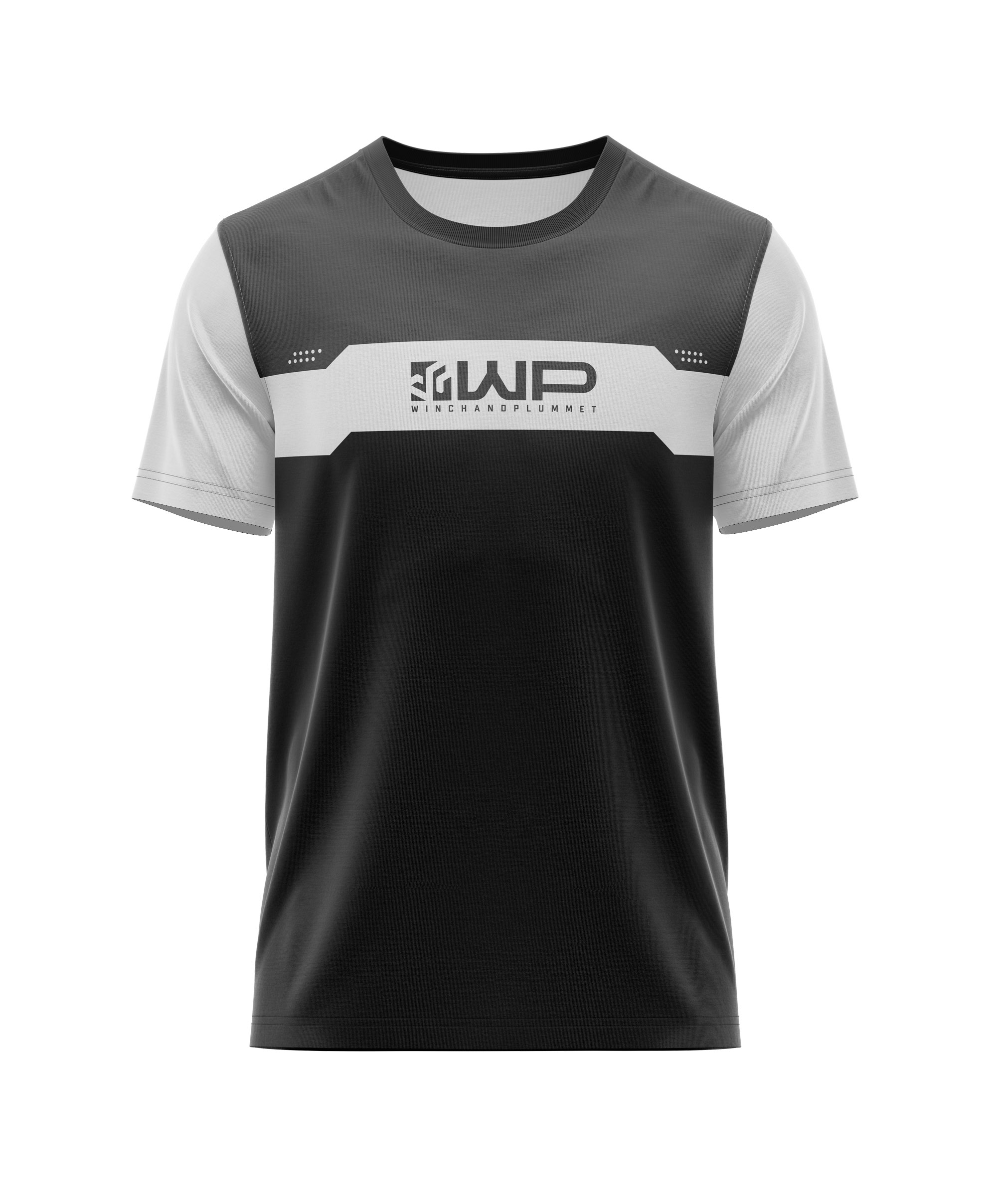 Performance mountain biking jersey featuring grey, white, and black panels with short sleeves.