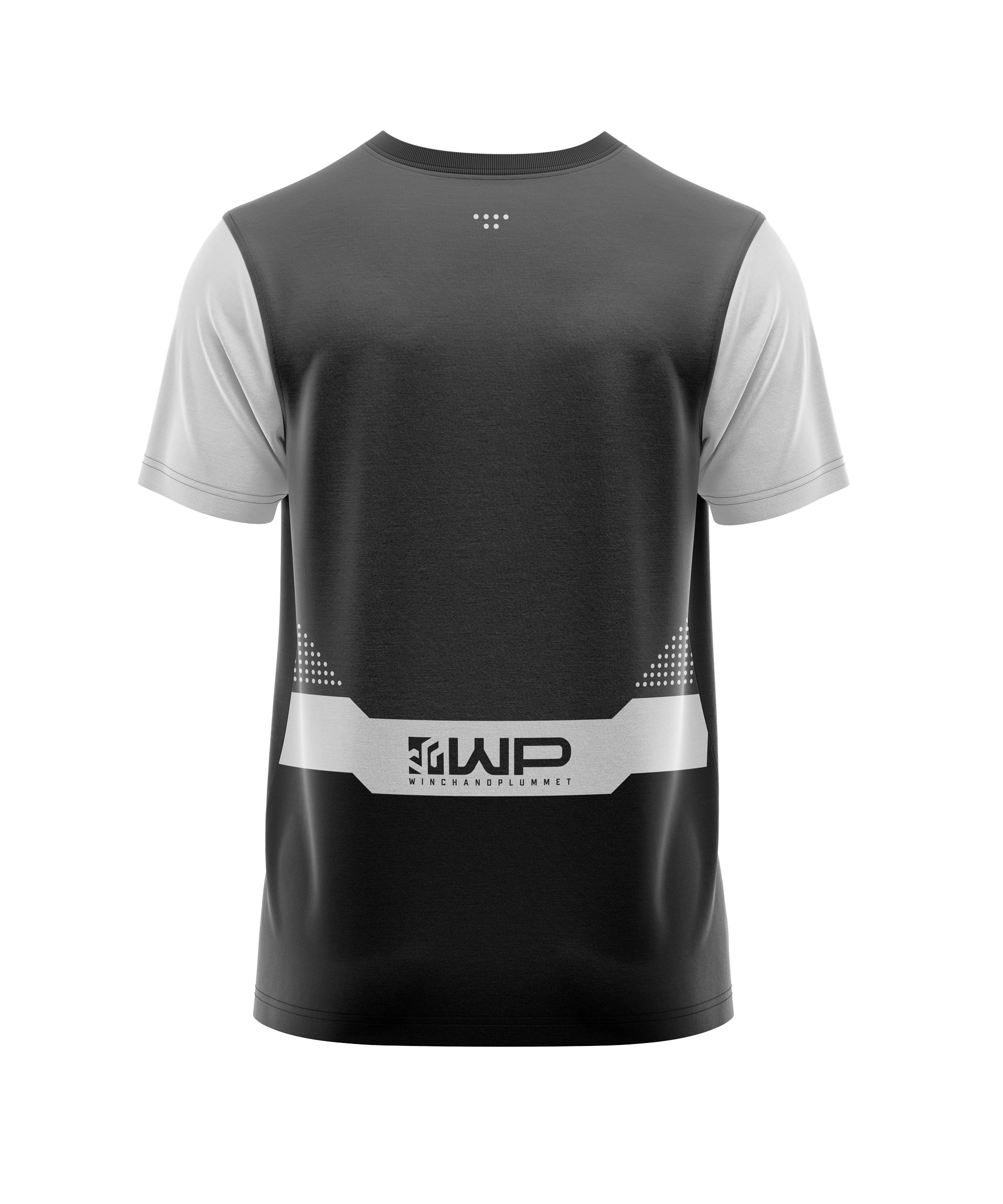Performance mountain biking jersey featuring grey, white, and black panels with short sleeves.